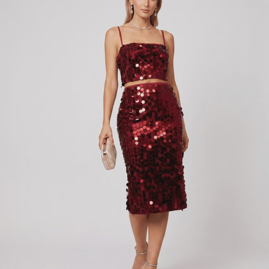 Lustra Sequin Set by Lauven, high-shine two-piece, embellished with sequins, capturing light, modern glamour, refined tailoring.