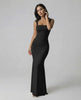 Onyx Maxi Dress by Lauven, elegant strappy back silhouette in classic black, fitted for a flattering look.
