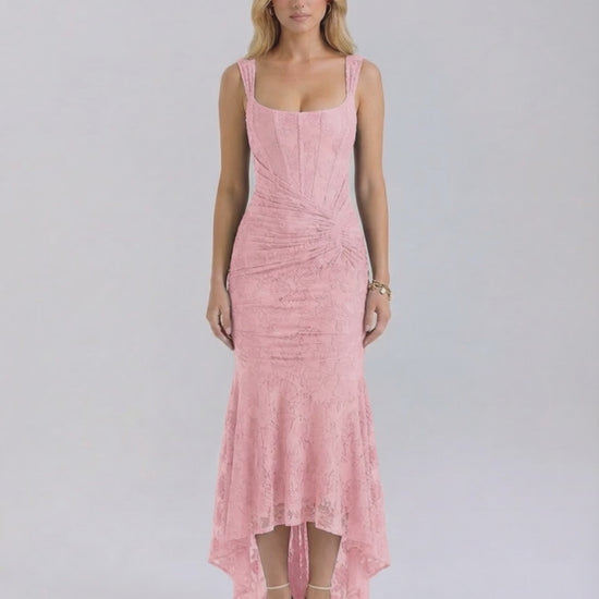 Elegant Blush Maxi Dress by Lauven with square neckline and asymmetric hem in soft pink.