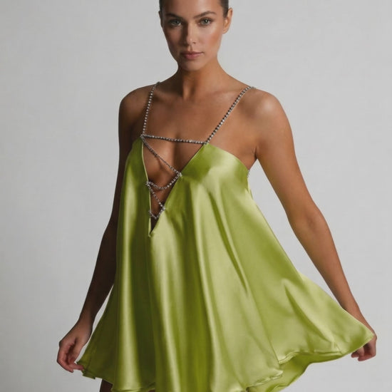 Chartreuse Mini Dress by Lauven - Flowy A-Line silhouette with V-neck and stunning silver chain details.