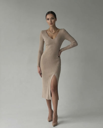 Sierra Midi Dress by Lauven, sleek ribbed knit pencil dress with V-neck and side slit, perfect for club-ready style.