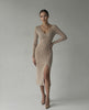 Sierra Midi Dress by Lauven, sleek ribbed knit pencil dress with V-neck and side slit, perfect for club-ready style.