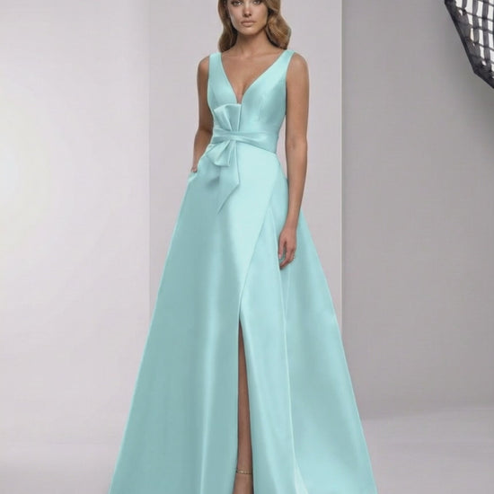 Avelisse Maxi Dress featuring mint satin A-line design, V-neck and elegant bow detail from Lauven.