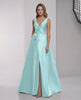 Avelisse Maxi Dress featuring mint satin A-line design, V-neck and elegant bow detail from Lauven.