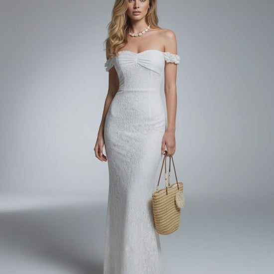 Luna Maxi Dress by Lauven, elegant off-shoulder lace gown with 3D lace pattern and high waist silhouette.