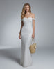 Luna Maxi Dress by Lauven, elegant off-shoulder lace gown with 3D lace pattern and high waist silhouette.