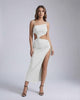 Orion Midi Dress featuring sleek cut-out design, ruched detail, and bold side slit by Lauven.