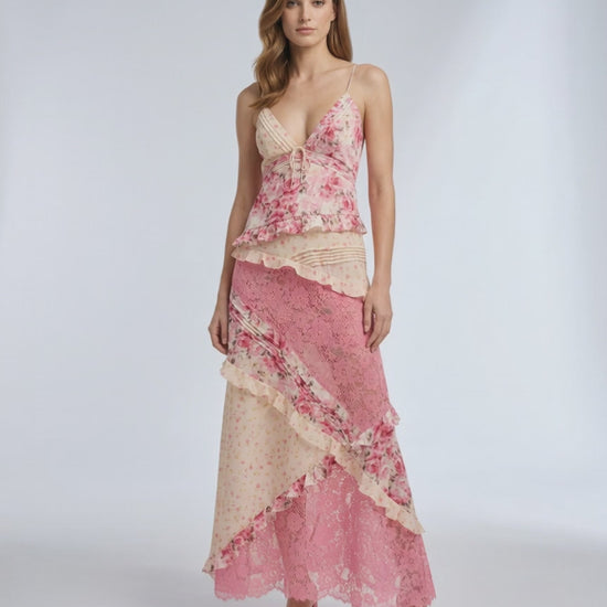 Sienna Maxi Dress with floral lace, ruffle details, and V-neck design by Lauven, perfect for a romantic look.