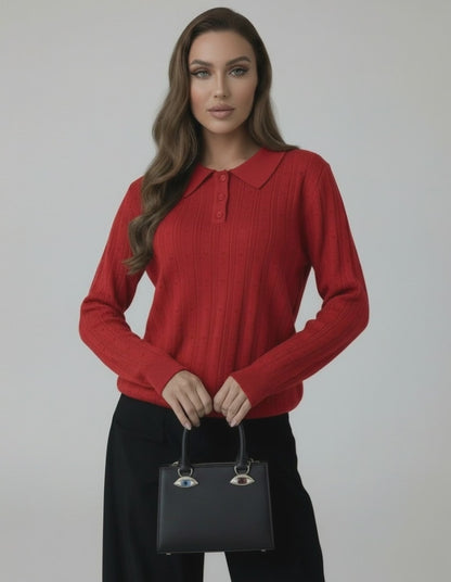 Scarlet Sweater by Lauven, women's red knit sweater with elegant collared long sleeves, perfect for seasonal styling.