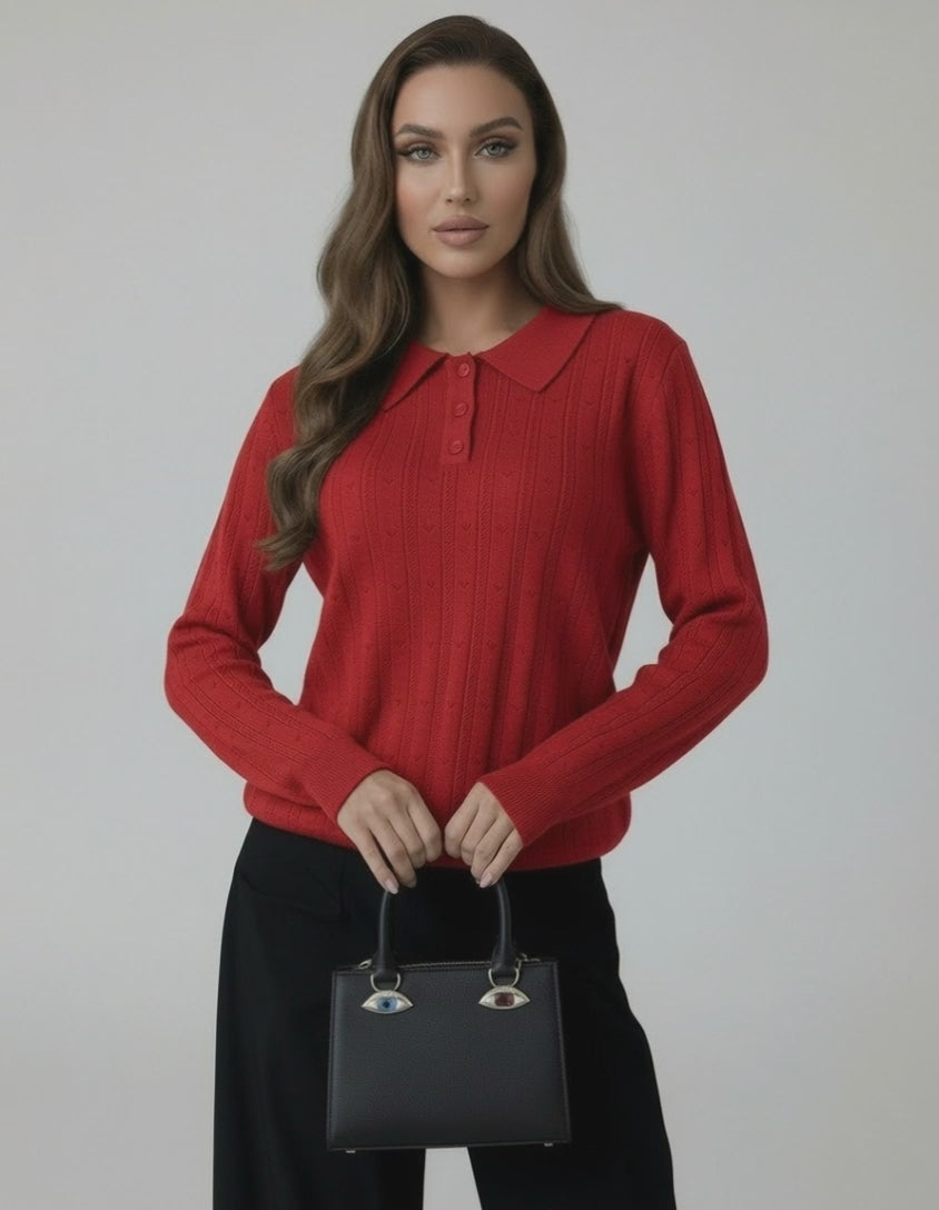 Scarlet Sweater by Lauven, women's red knit sweater with elegant collared long sleeves, perfect for seasonal styling.