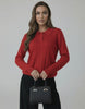 Scarlet Sweater by Lauven, women's red knit sweater with elegant collared long sleeves, perfect for seasonal styling.