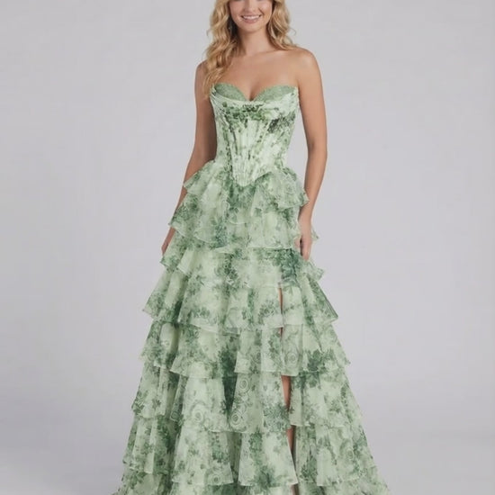 Sierra Maxi Dress by Lauven in light green floral chiffon with tiered layers and a sweetheart neckline.