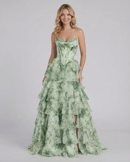 Sierra Maxi Dress by Lauven in light green floral chiffon with tiered layers and a sweetheart neckline.