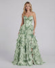 Sierra Maxi Dress by Lauven in light green floral chiffon with tiered layers and a sweetheart neckline.