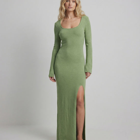 Verde Maxi Dress by Lauven, long sleeve, slim fit, ankle-length with side slit for stylish spring wear.
