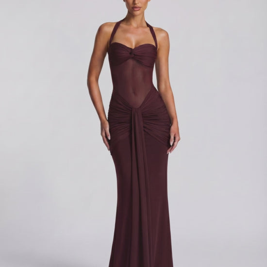 Valora Maxi Dress featuring a burgundy halter design, mesh panel accents, and a sculpted mermaid silhouette from Lauven.
