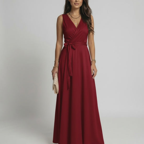 Ember Maxi Dress by Lauven in vibrant red with elegant V-neck and flowing maxi length.