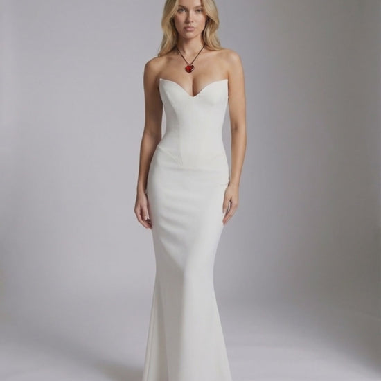 Valencia Maxi Dress by Lauven - Elegant strapless white mermaid silhouette with a captivating profile.