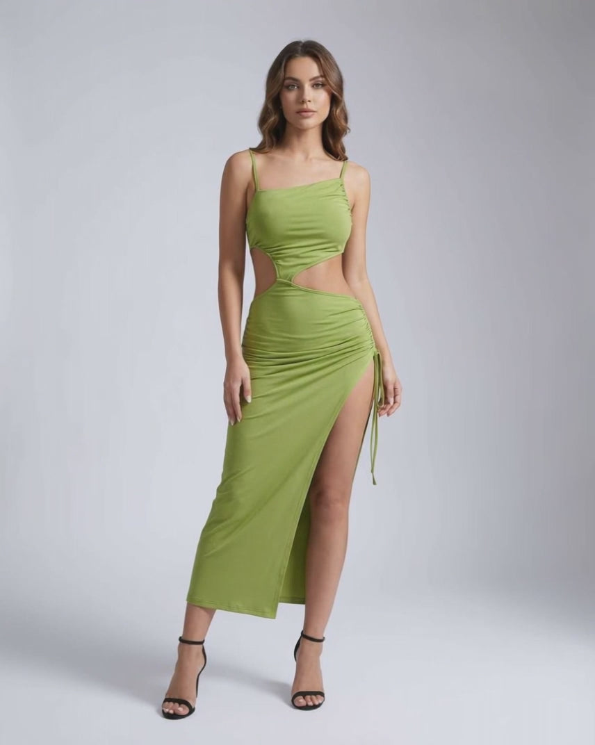 Vega Midi Dress in green with hollow out accents and ruching for a stunning evening look by Lauven.