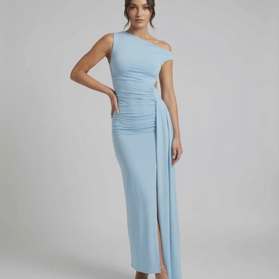 Aveline Maxi Dress – Blue one shoulder design, ruched waist, elegant silhouette by Lauven.