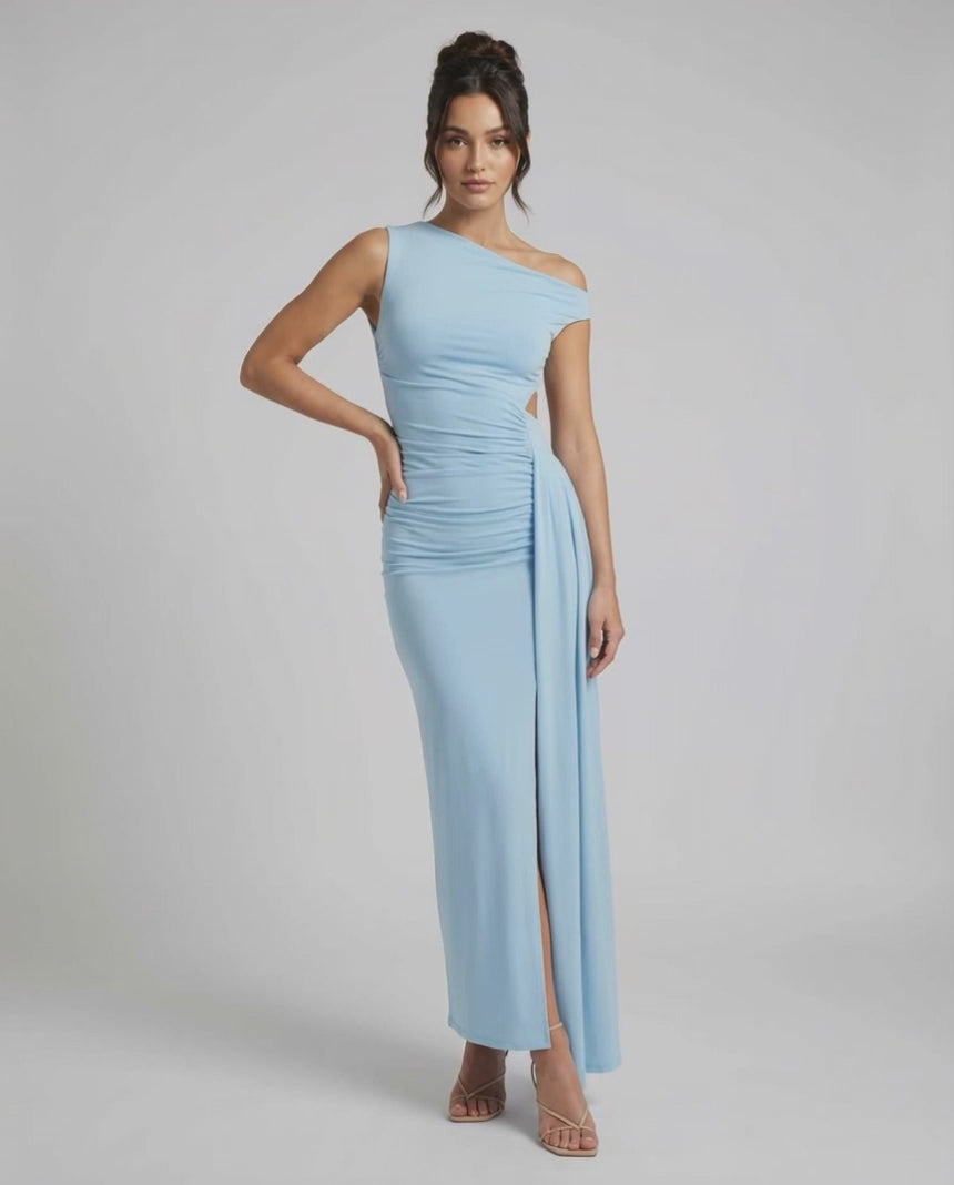 Aveline Maxi Dress – Blue one shoulder design, ruched waist, elegant silhouette by Lauven.