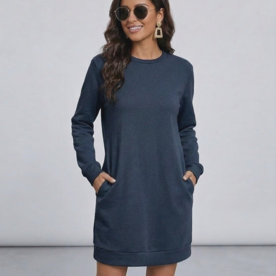 Lauven Nero Mini Dress in deep navy color, featuring a relaxed fit and full-length sleeves for casual style.
