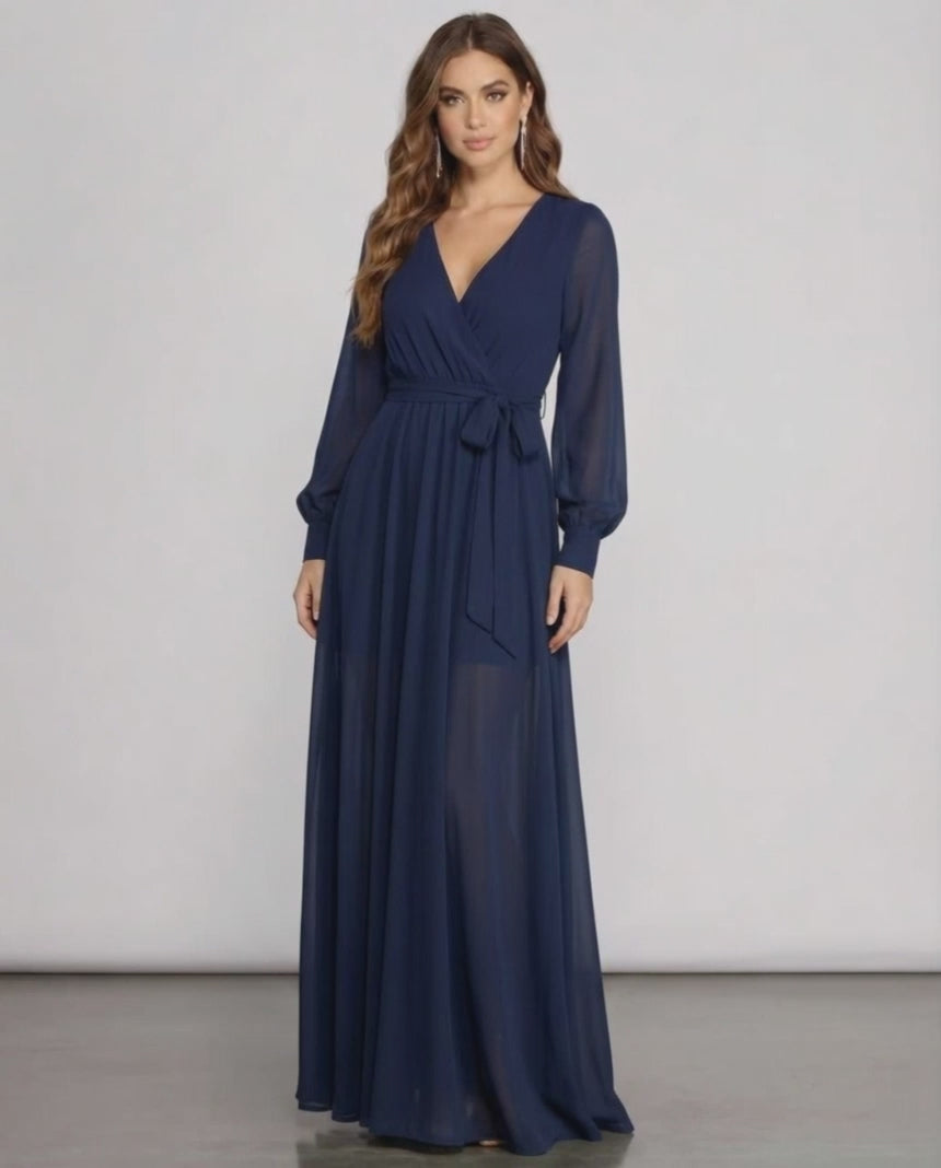 Noctra Maxi Dress in navy chiffon, featuring long sleeves and a wrap front V-neckline, elegant eveningwear by Lauven.