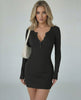 Noir Mini Dress by Lauven - Black bodycon mini dress with deep V-neck and long sleeves, showcasing modern elegance.