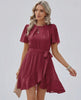 Burgundy Ruffle Dress by Lauven featuring a flattering waist tie and delicate flutter sleeves.