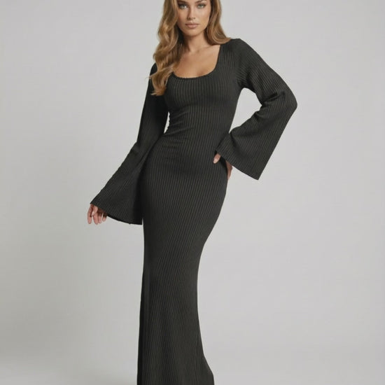Noiré Maxi Dress featuring ribbed knit fabric, long sleeves, elegant silhouette by Lauven.