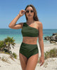 Lauven Verde Two-Piece Swimsuit featuring asymmetric design and high-waist bottoms, perfect for beach occasions.