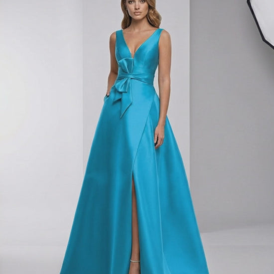 Monaco Maxi Dress – elegant blue satin evening dress with A-line silhouette and deep V-neck for formal occasions.