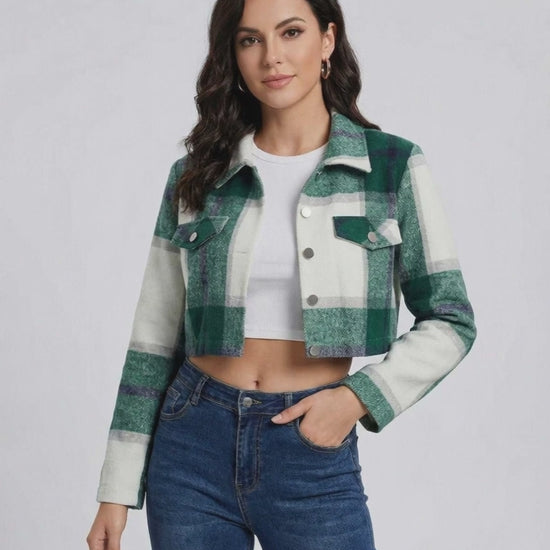 Aspen Jacket by Lauven – Women’s green plaid cropped jacket with relaxed fit, perfect for layering in transitional seasons.