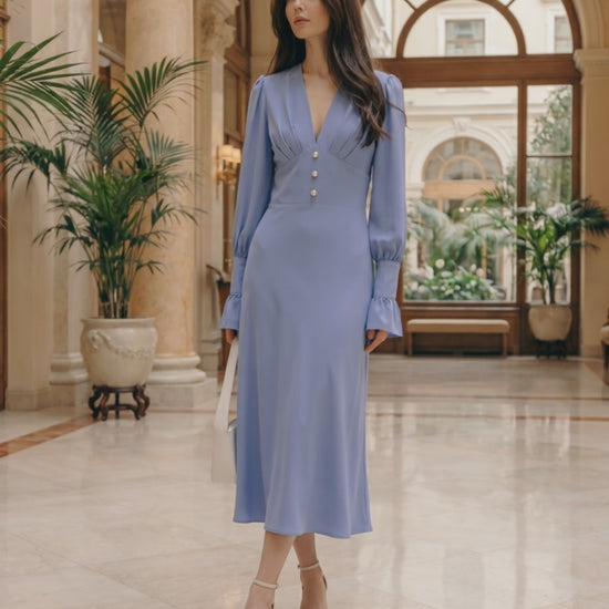 Selene Midi Dress in elegant blue with V-neck, lantern sleeves, and structured bodice by Lauven.