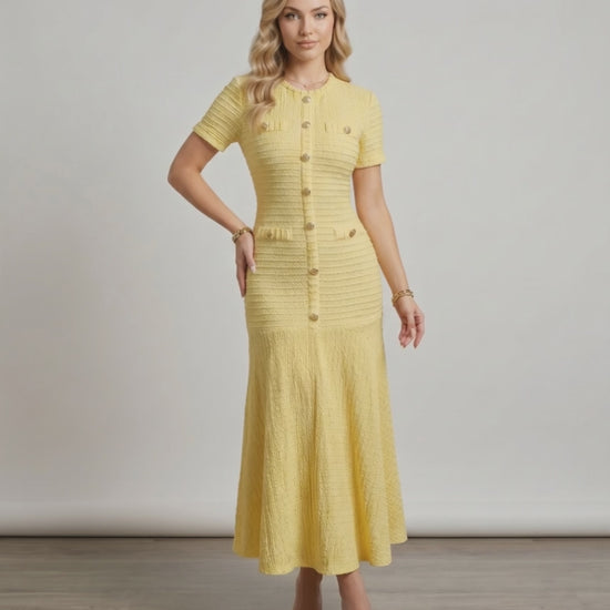 Aureline Maxi Dress by Lauven in textured knit, yellow with round neck, featuring a flared hem for fluid movement.