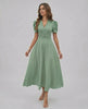 Verdant Midi Dress in sage green, featuring a V-neckline, puff sleeves, and ruched waist by Lauven for elegant occasions.