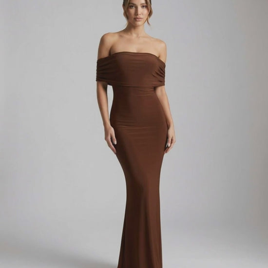 Celeste Maxi Dress by Lauven - Elegant brown strapless sheath dress showcasing a sleek silhouette, perfect for evening events.