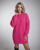 Luna Mini Dress by Lauven in vibrant pink cable knit with relaxed silhouette and long sleeves.