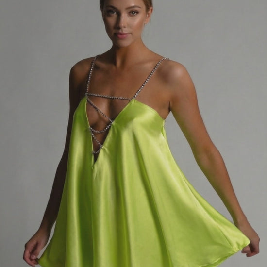 Luna Mini Dress by Lauven featuring a vibrant chartreuse satin A-line silhouette with sparkling beaded straps.