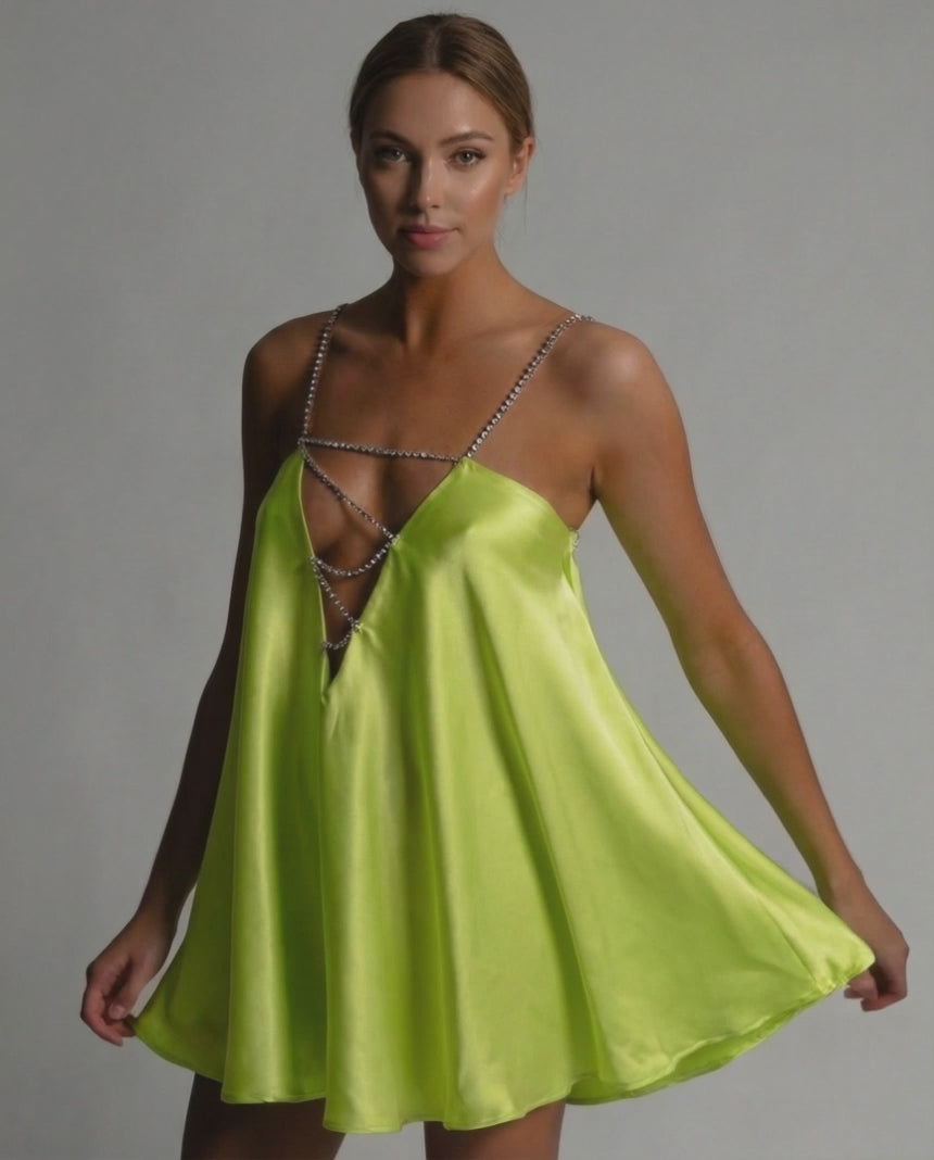 Luna Mini Dress by Lauven featuring a vibrant chartreuse satin A-line silhouette with sparkling beaded straps.
