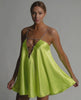 Luna Mini Dress by Lauven featuring a vibrant chartreuse satin A-line silhouette with sparkling beaded straps.