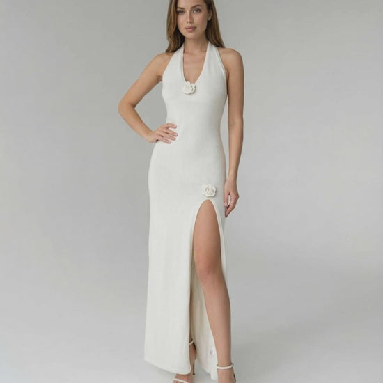 Elara Maxi Dress - White halter style, crochet detail, side slit, from Lauven, for a modern and elegant look.