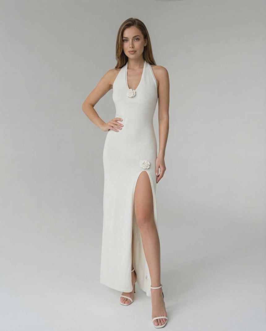 Elara Maxi Dress - White halter style, crochet detail, side slit, from Lauven, for a modern and elegant look.