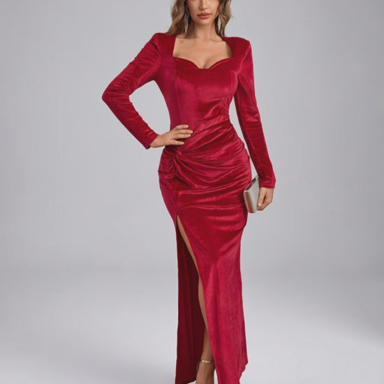 Veloura Maxi Dress in red velvet with square neck, long sleeves, and high waist, by Lauven, for formal occasions.