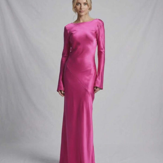 Luna Maxi Dress in vibrant pink satin, featuring a slim fit and modern elegance by Lauven.