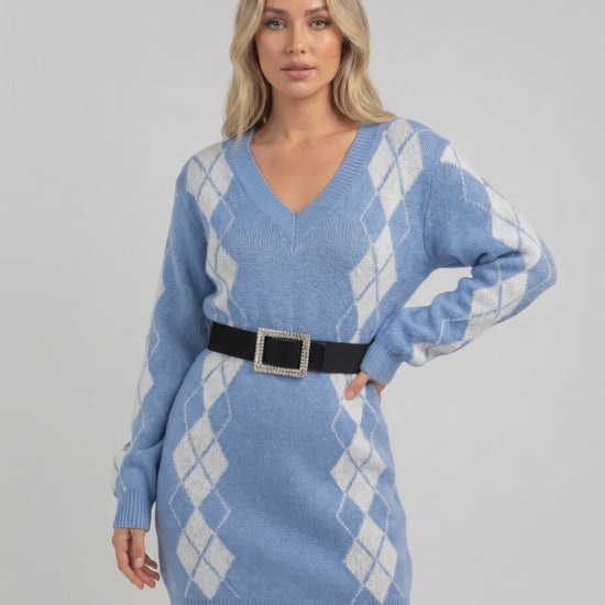Arden Mini Dress in blue acrylic knit, V-neck, cozy texture, featuring argyle pattern, by Lauven.