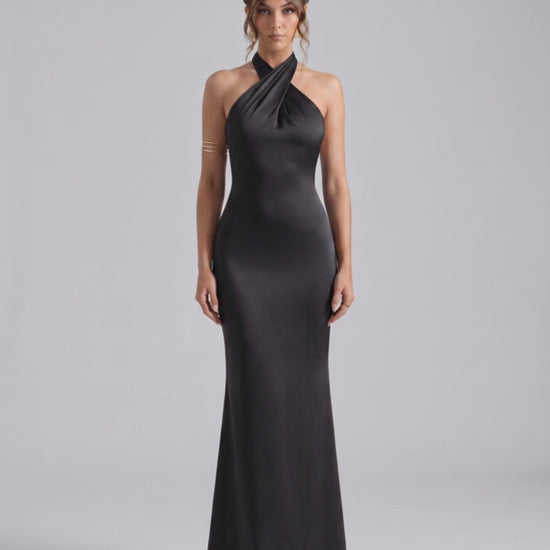 Zerelle Maxi Dress in black, halter neckline, smooth polyester, elegant fit, by Lauven, perfect for formal occasions.
