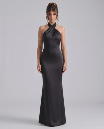 Zerelle Maxi Dress in black, halter neckline, smooth polyester, elegant fit, by Lauven, perfect for formal occasions.
