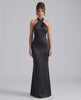 Zerelle Maxi Dress in black, halter neckline, smooth polyester, elegant fit, by Lauven, perfect for formal occasions.