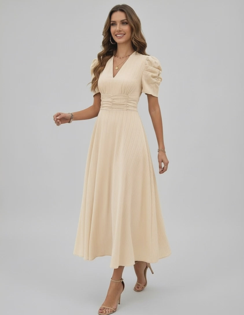 Aurelia Midi Dress cream dress with sleeves for elegant occasions, featuring a flattering V-neckline and ruched waist.